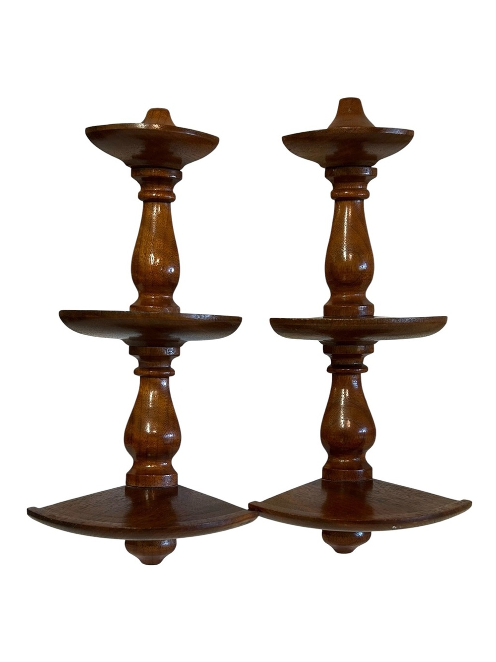 Vintage Turned Wood 3-Tier Corner Wall Shelves Set of 2 - 13” Boho Display